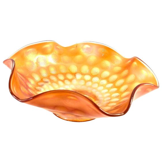 Vintage Ruffled Bowl Iridescent Marigold Carnival Glass with Raised Dot Pattern - Picture 6 of 10